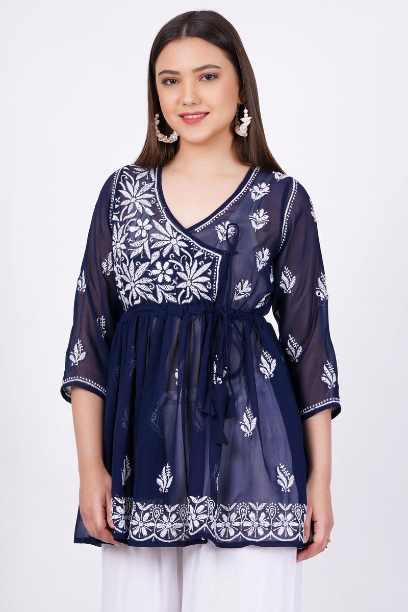 Navy Blue Chikankari Ghas Pati Bakhiya Hand Work - Sufiza Lifestyle