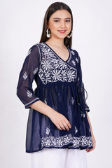 Navy Blue Chikankari Ghas Pati Bakhiya Hand Work - Sufiza Lifestyle