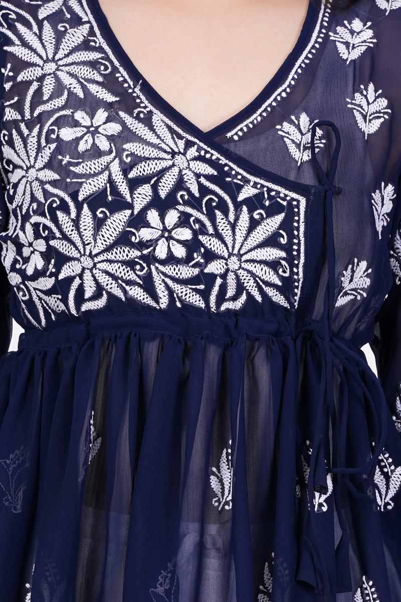 Navy Blue Chikankari Ghas Pati Bakhiya Hand Work - Sufiza Lifestyle