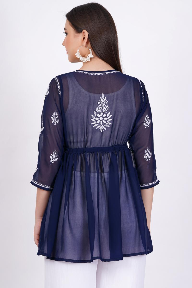 Navy Blue Chikankari Ghas Pati Bakhiya Hand Work - Sufiza Lifestyle