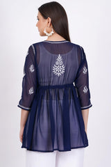Navy Blue Chikankari Ghas Pati Bakhiya Hand Work - Sufiza Lifestyle