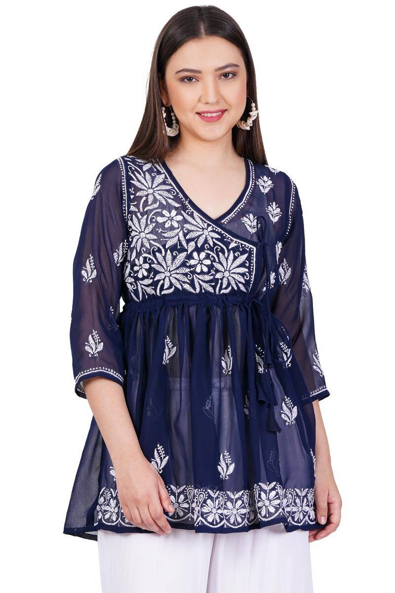Navy Blue Chikankari Ghas Pati Bakhiya Hand Work - Sufiza Lifestyle