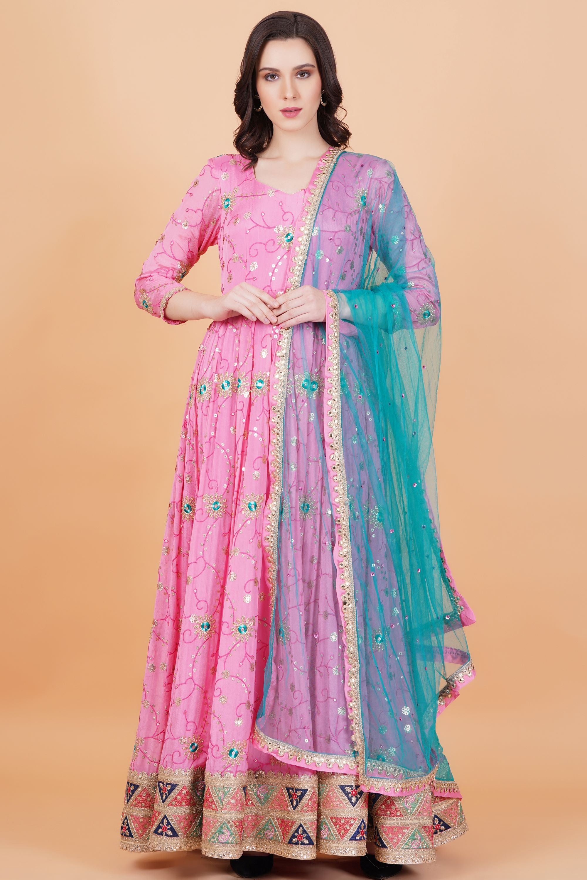 Pink Color Golden Embroidery Net Zardosi work Dupatta - Sufiza Lifestyle