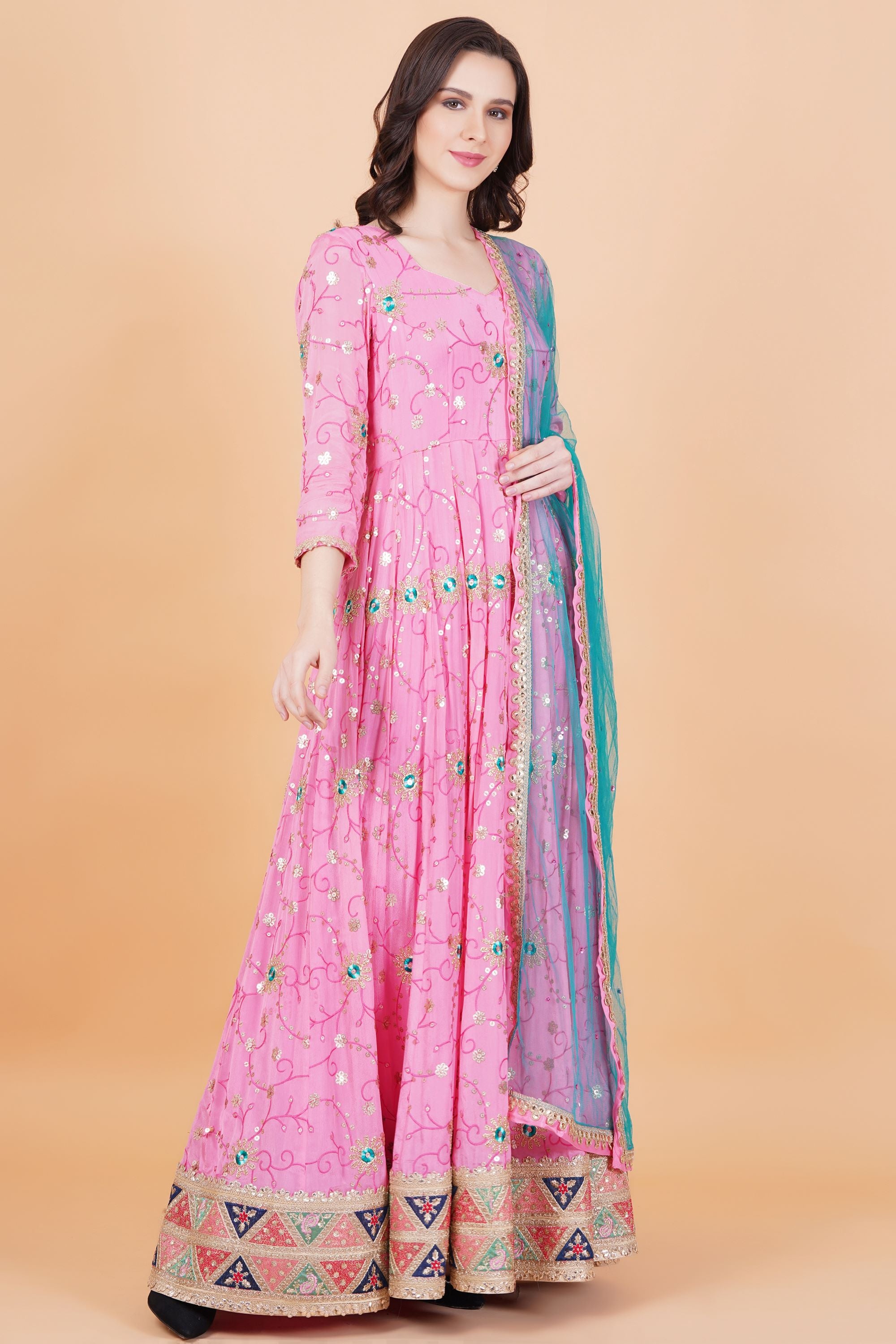 Pink Color Golden Embroidery Net Zardosi work Dupatta - Sufiza Lifestyle