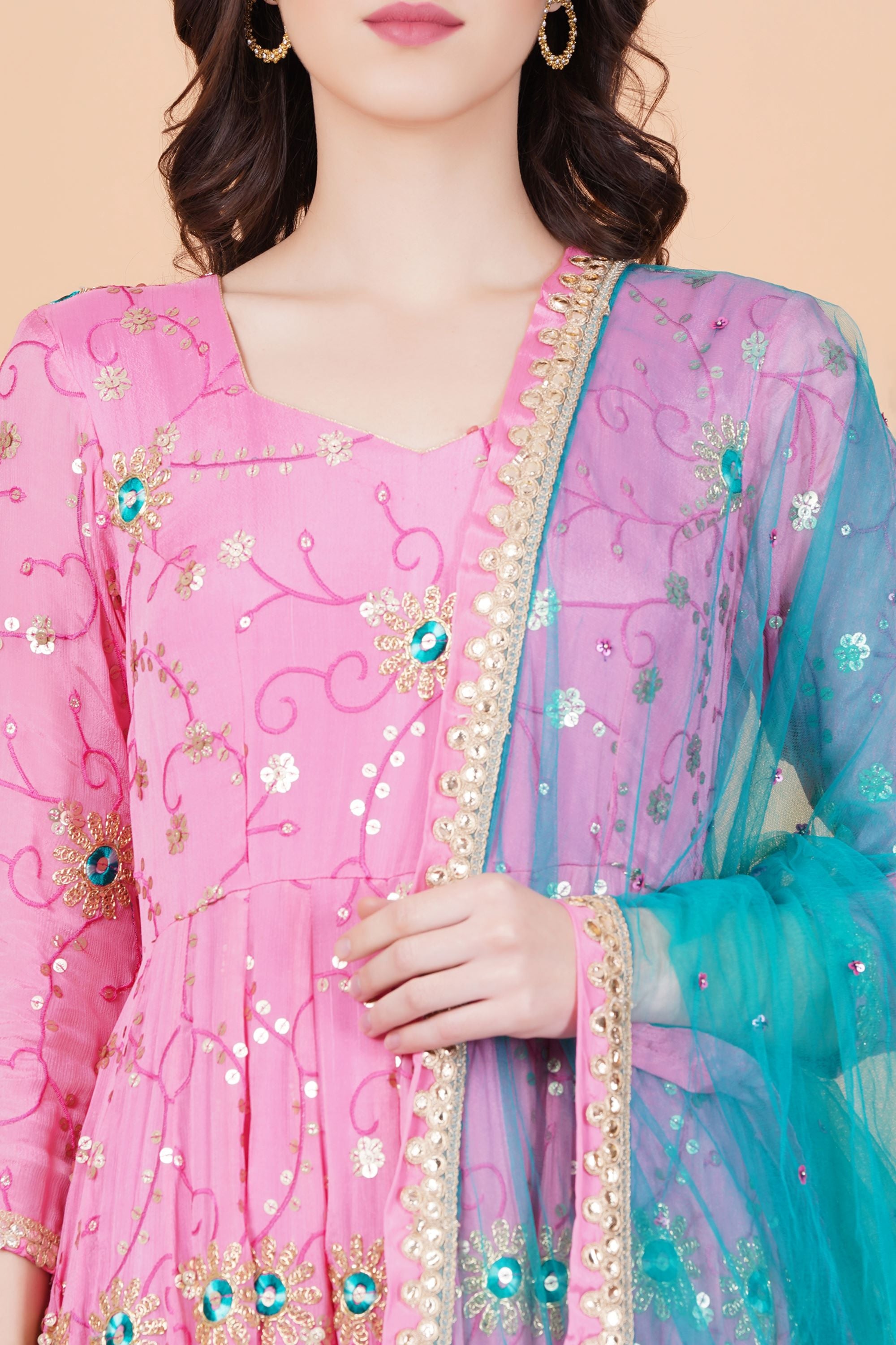 Pink Color Golden Embroidery Net Zardosi work Dupatta - Sufiza Lifestyle