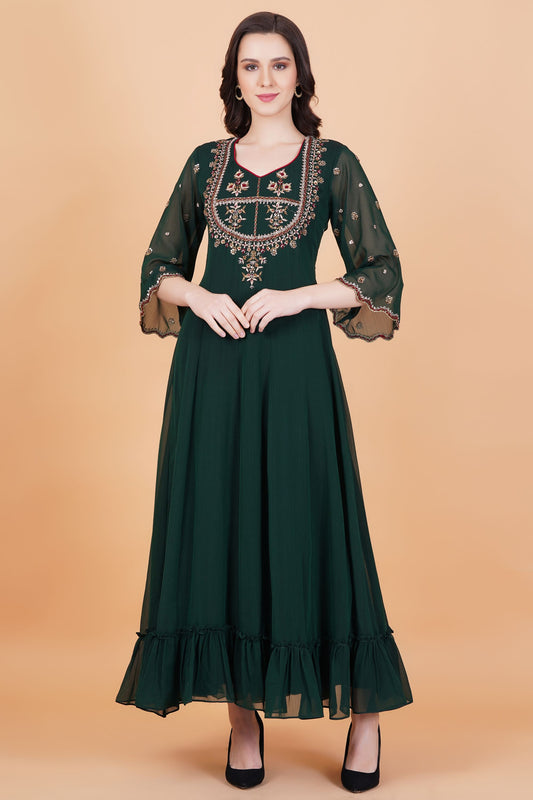 Dark Green Zardosi Hand Work Full Length dress with Maroon Dupatta - Sufiza Lifestyle