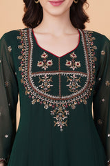 Dark Green Zardosi Hand Work Full Length dress with Maroon Dupatta - Sufiza Lifestyle
