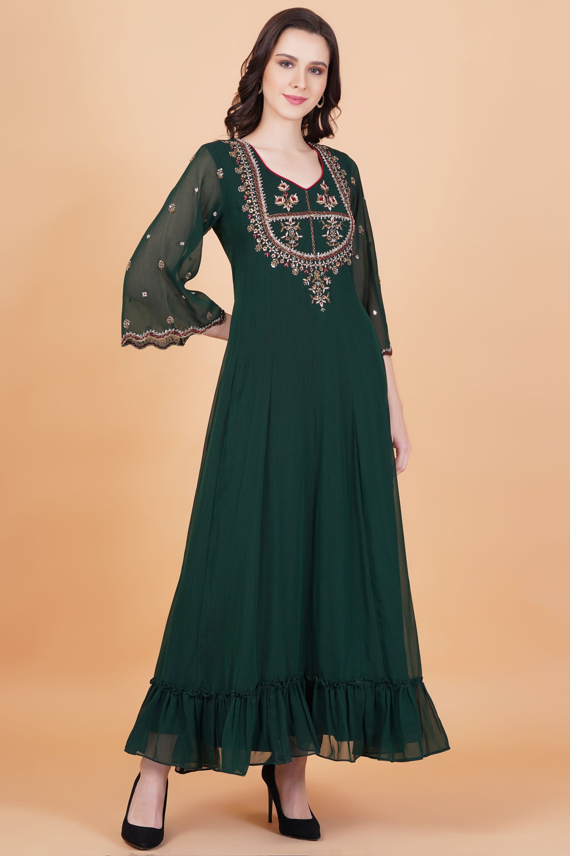 Dark Green Zardosi Hand Work Full Length dress with Maroon Dupatta - Sufiza Lifestyle