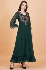 Dark Green Zardosi Hand Work Full Length dress with Maroon Dupatta - Sufiza Lifestyle
