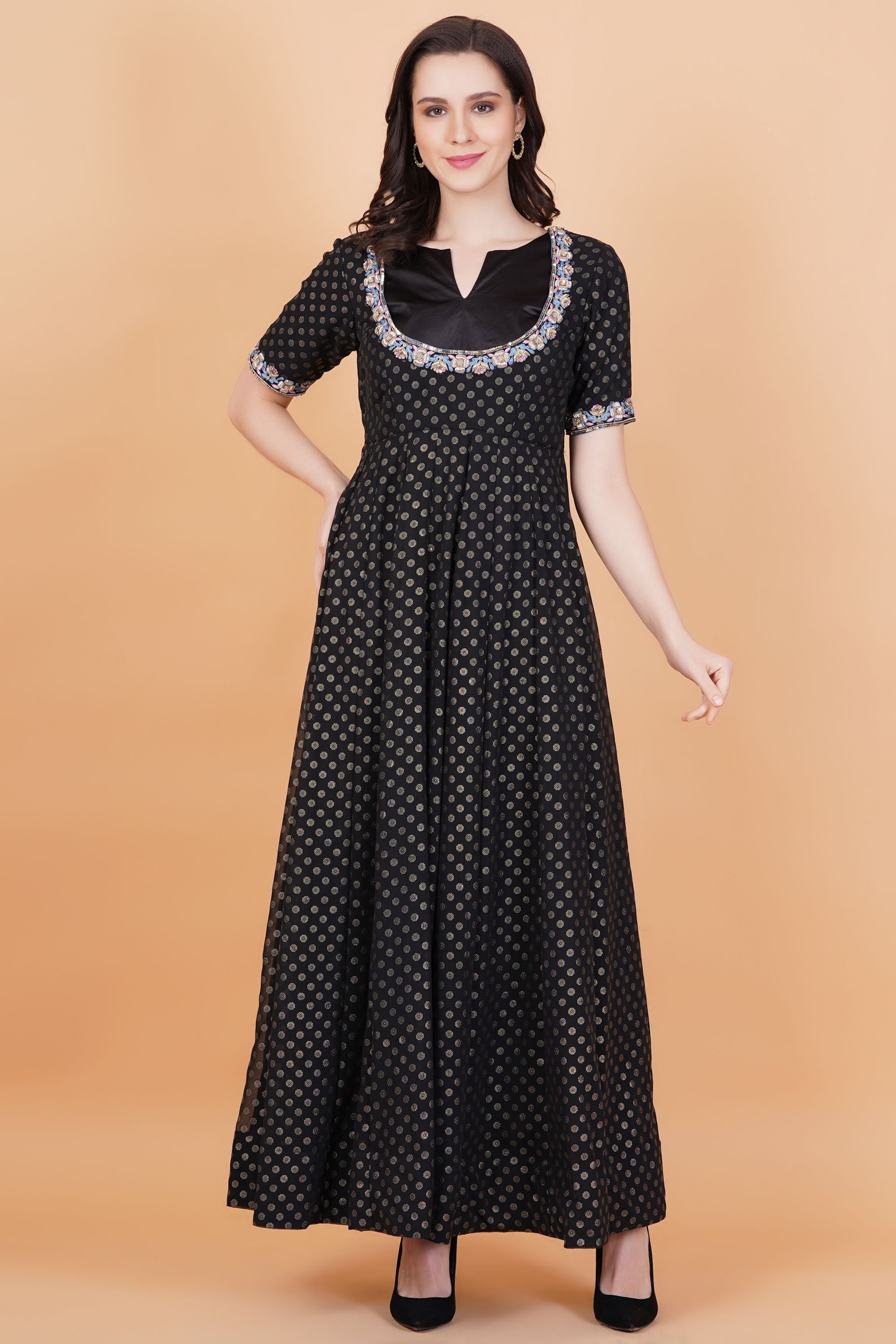 Black with Golden Foil Print Zardozi Embroidery Net Dupatta - Sufiza Lifestyle