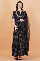 Black with Golden Foil Print Zardozi Embroidery Net Dupatta - Sufiza Lifestyle