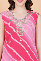 Pink Lehariya Print zardozi Neck Hand Embroidery - Sufiza Lifestyle