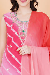 Pink Lehariya Print zardozi Neck Hand Embroidery - Sufiza Lifestyle