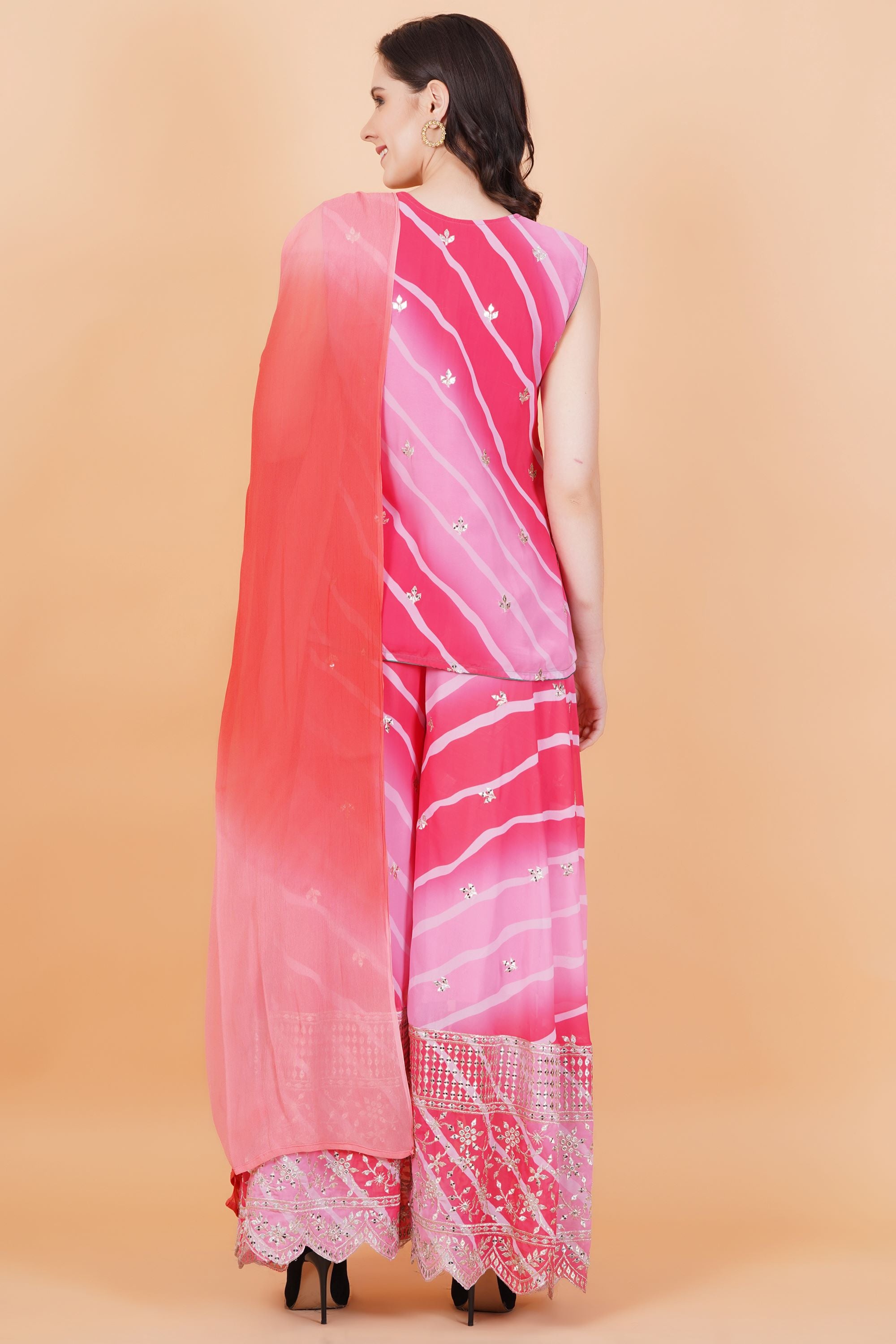 Pink Lehariya Print zardozi Neck Hand Embroidery - Sufiza Lifestyle