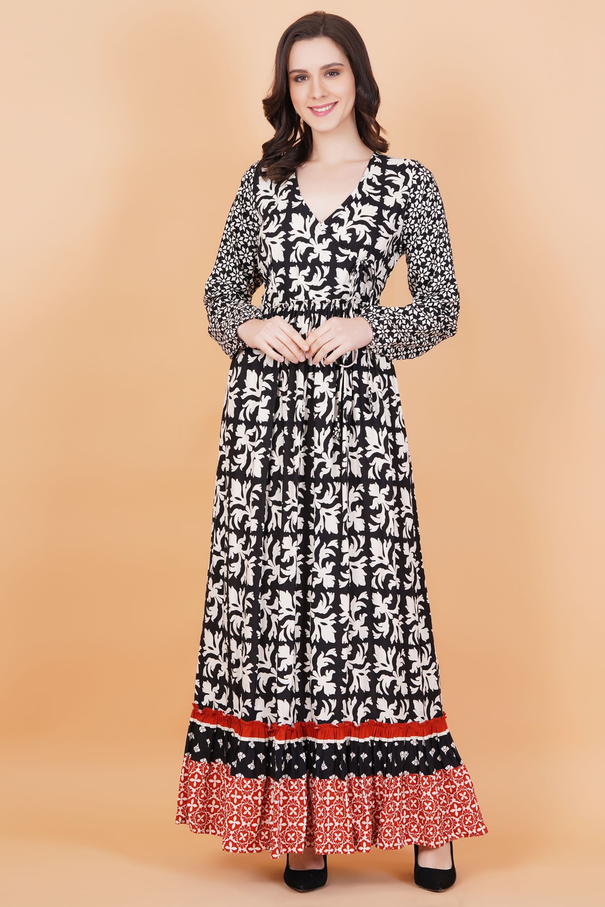 Rayon Black Orange Printed Gown - Sufiza Lifestyle