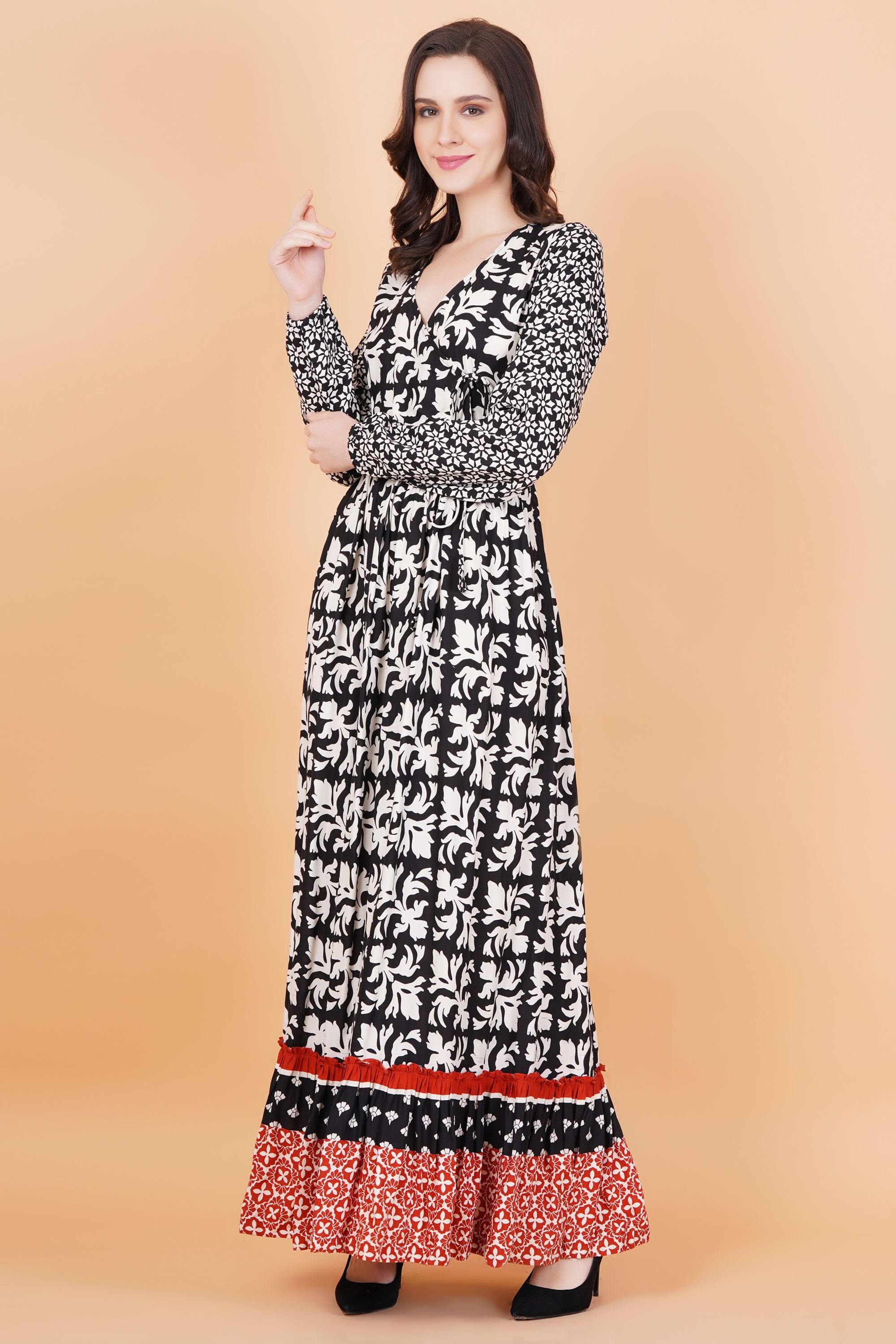 Rayon Black Orange Printed Gown - Sufiza Lifestyle