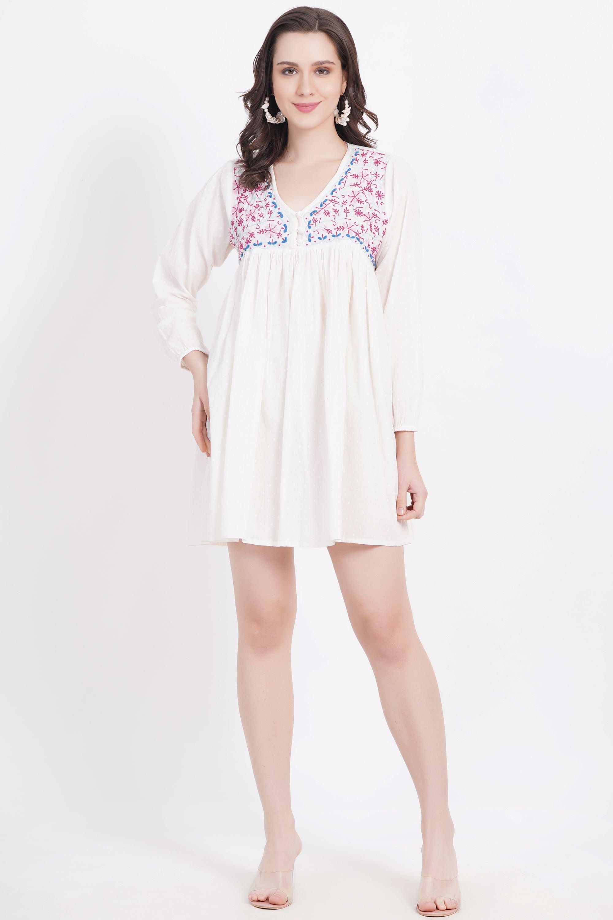 White Chickankari Bedi Pati Paplum Kurti - Sufiza Lifestyle