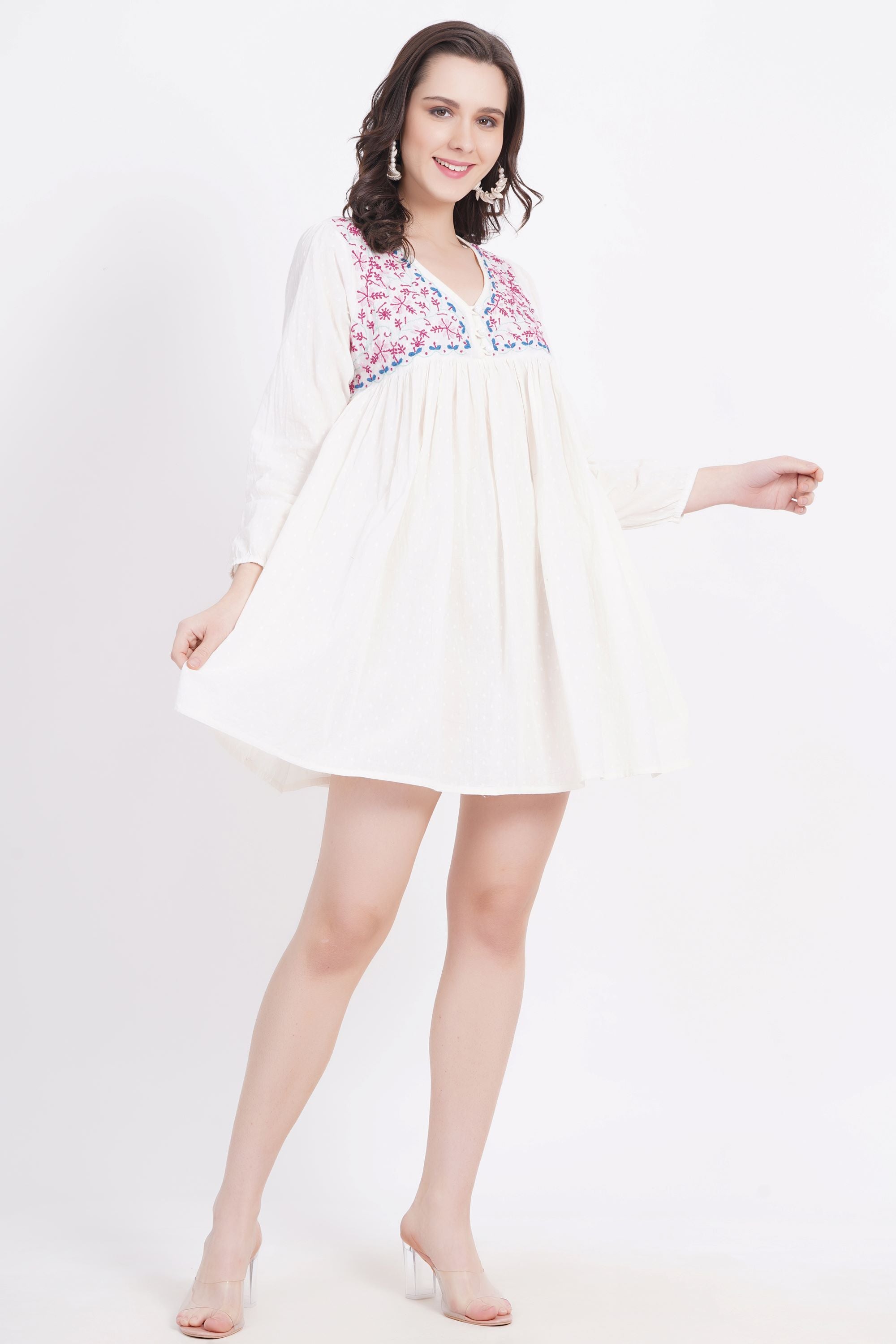 White Chickankari Bedi Pati Paplum Kurti - Sufiza Lifestyle