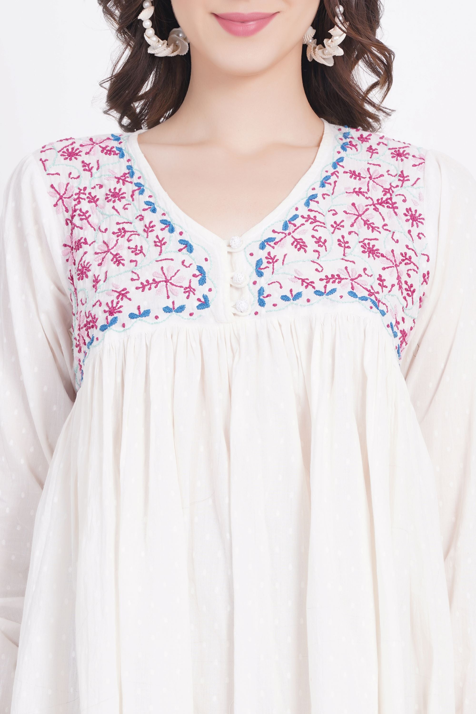 White Chickankari Bedi Pati Paplum Kurti - Sufiza Lifestyle