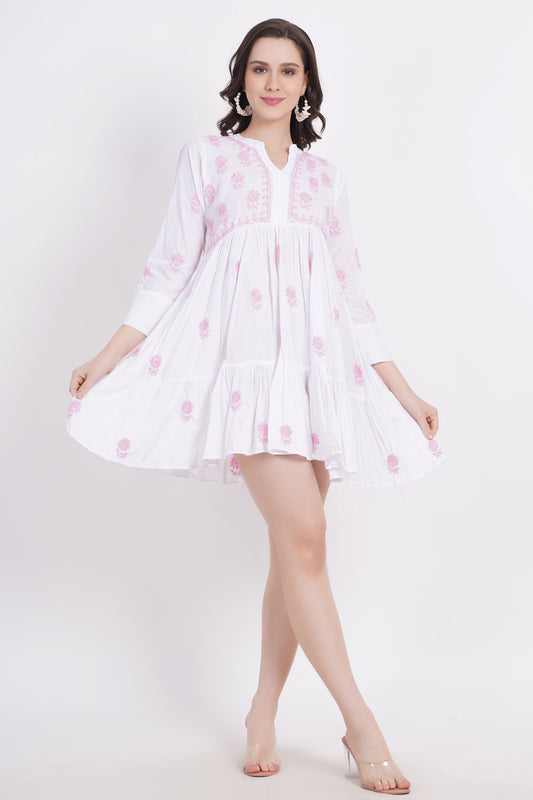 White Chickankari Ghas Pati Paplum Kurti - Sufiza Lifestyle