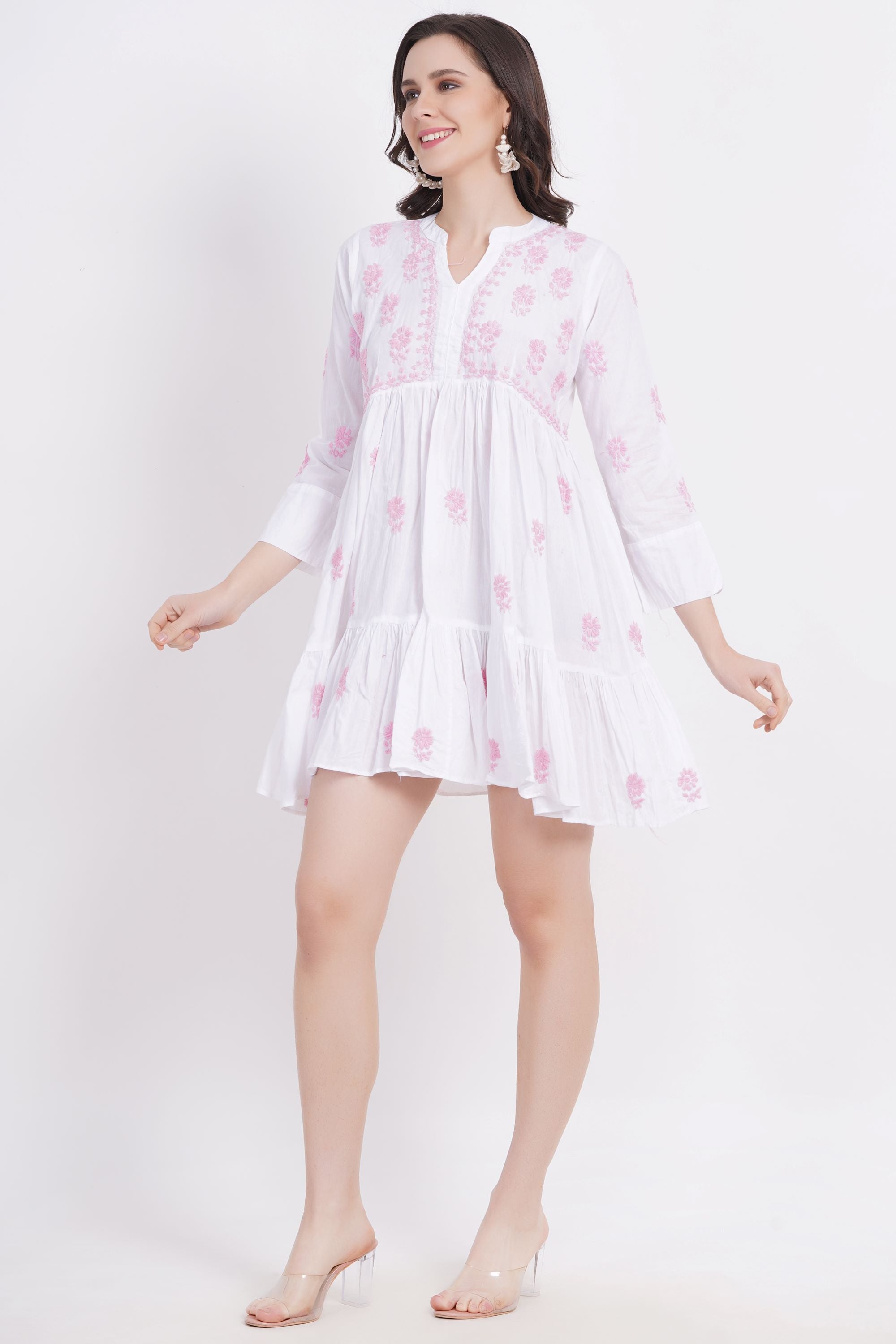 White Chickankari Ghas Pati Paplum Kurti - Sufiza Lifestyle