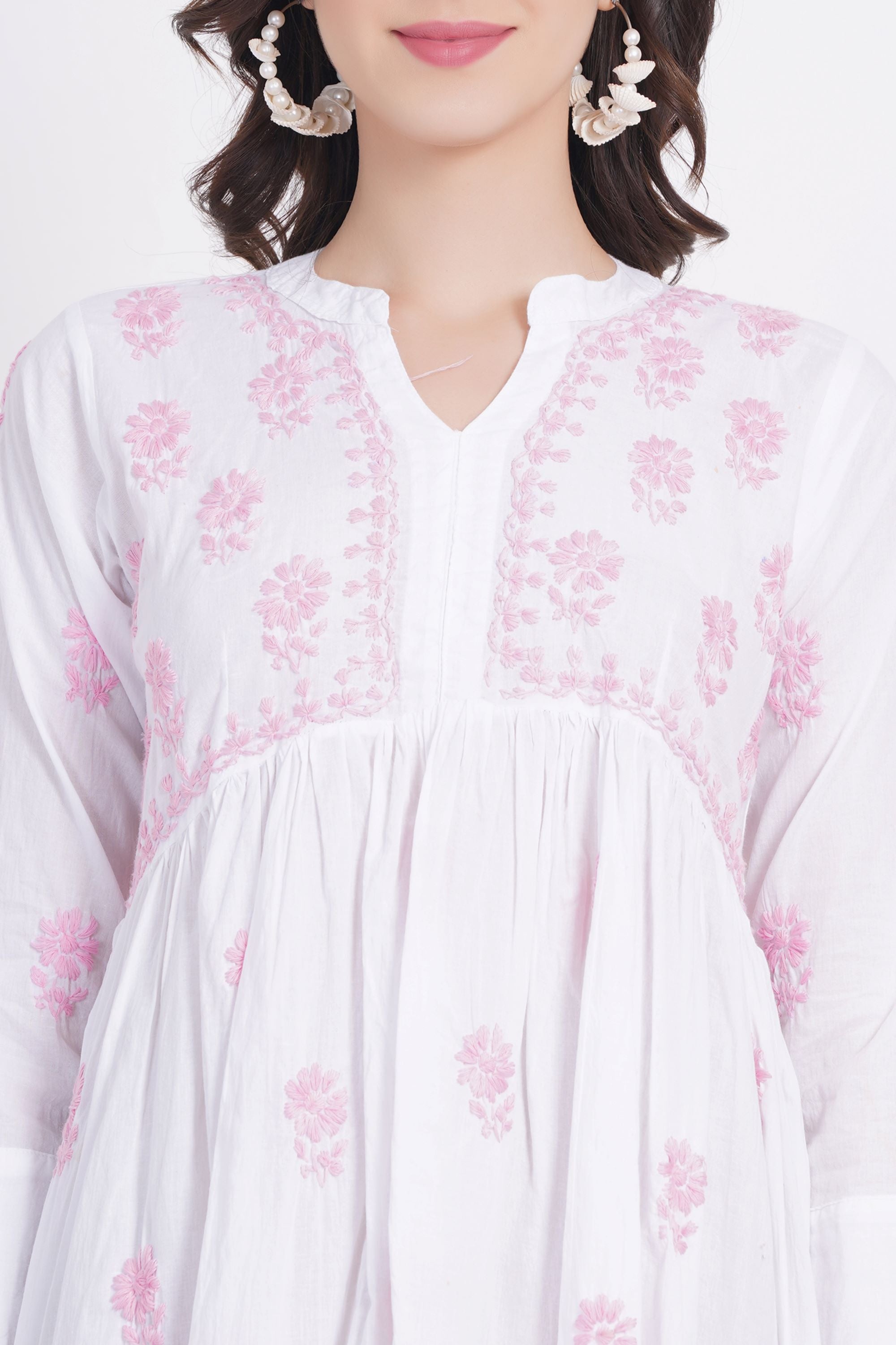 White Chickankari Ghas Pati Paplum Kurti - Sufiza Lifestyle