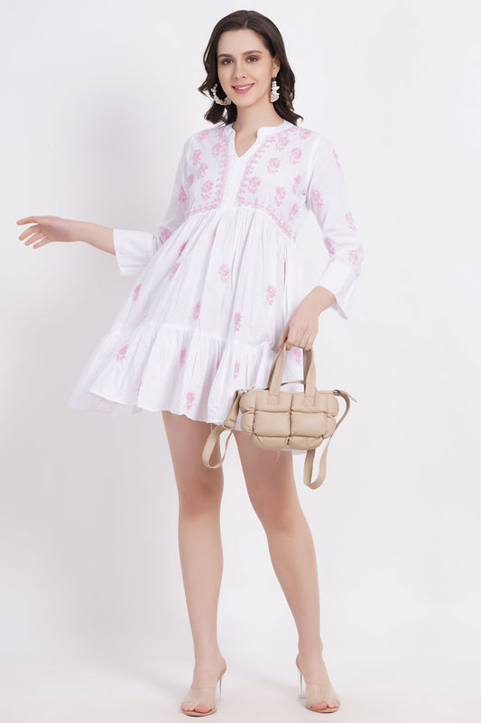 White Chickankari Ghas Pati Paplum Kurti - Sufiza Lifestyle