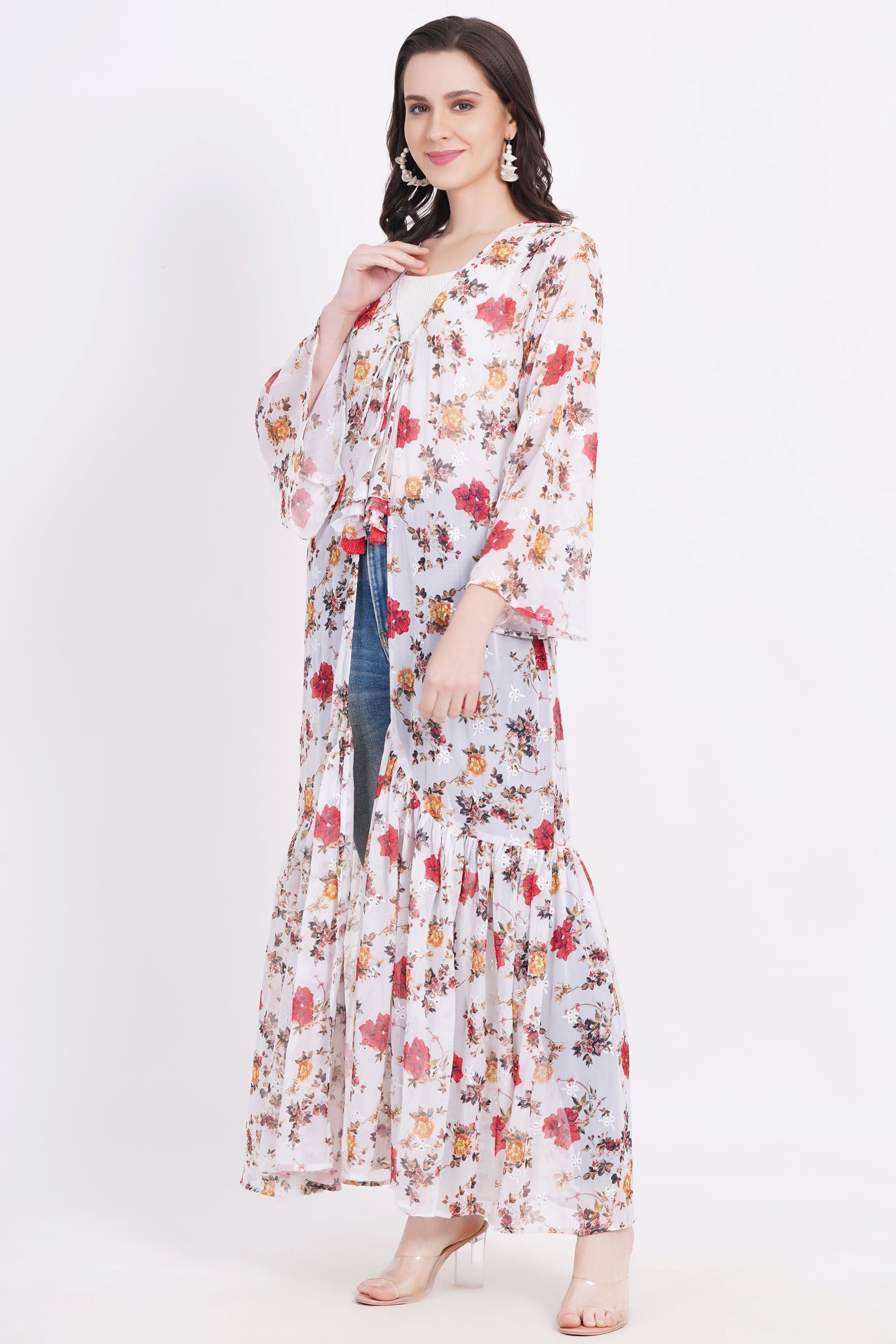 Cream Color Red Motif Printed Shrug - Sufiza Lifestyle