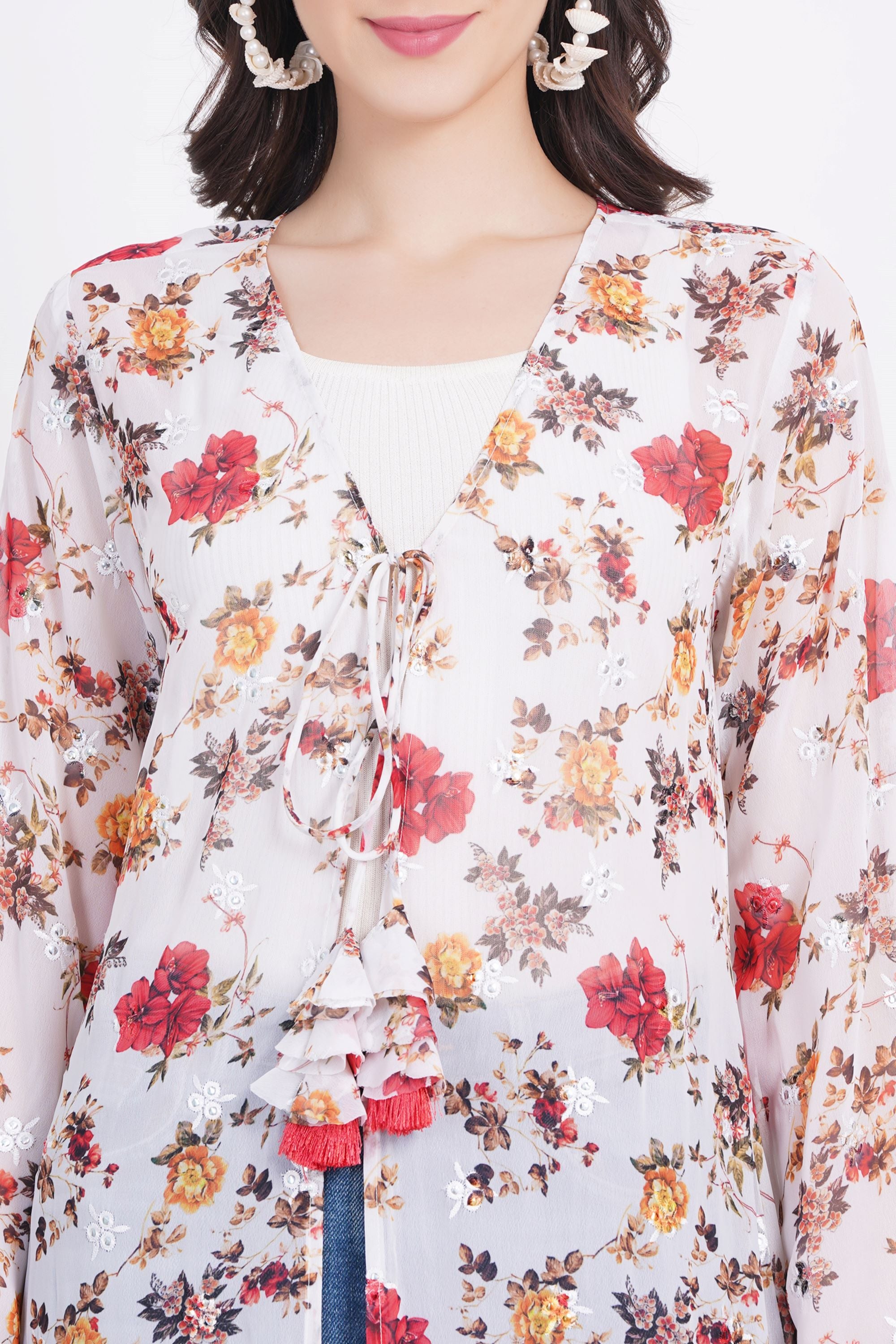 Cream Color Red Motif Printed Shrug - Sufiza Lifestyle