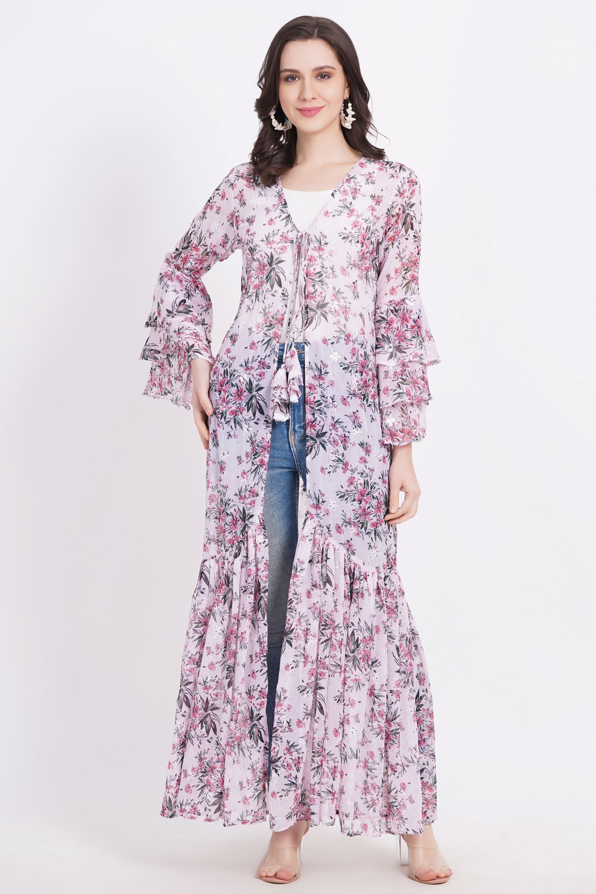 Pink Color Green Motif Printed Shrug - Sufiza Lifestyle