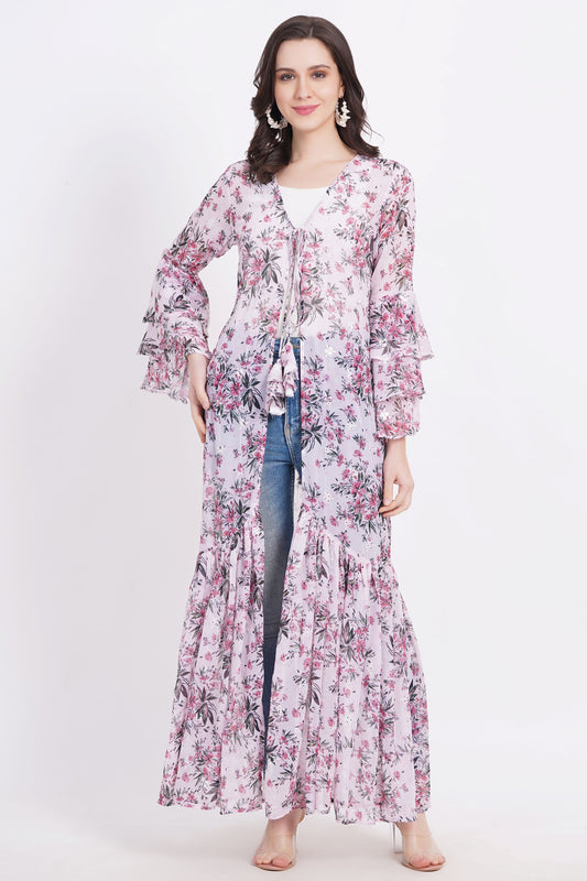 Pink Color Green Motif Printed Shrug - Sufiza Lifestyle