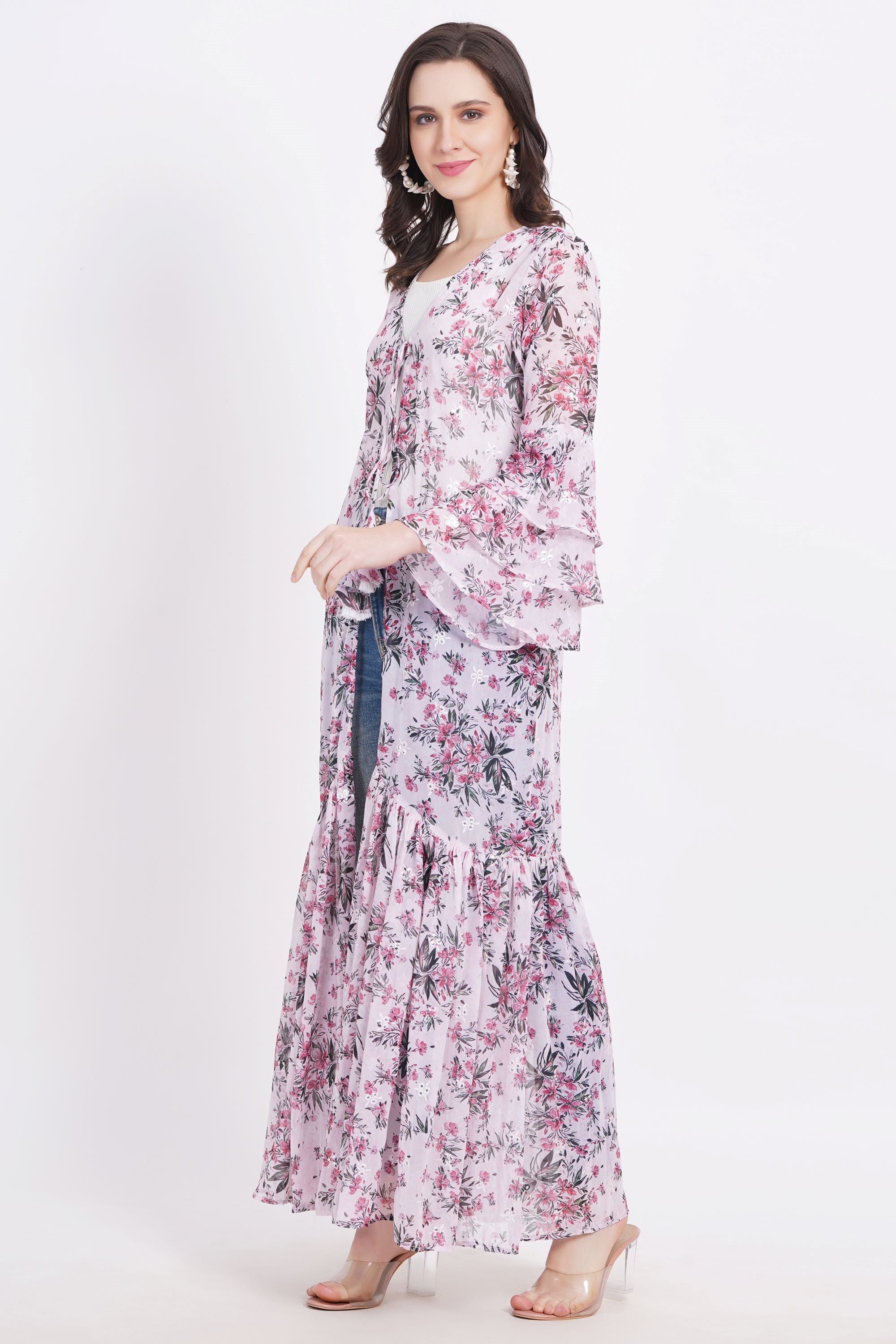 Pink Color Green Motif Printed Shrug - Sufiza Lifestyle