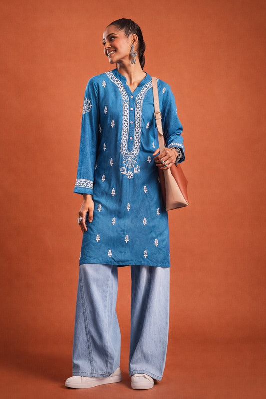 Chikankari Embroidery Blue Rayon Kurta