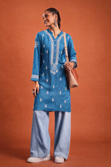 Chikankari Embroidery Blue Rayon Kurta