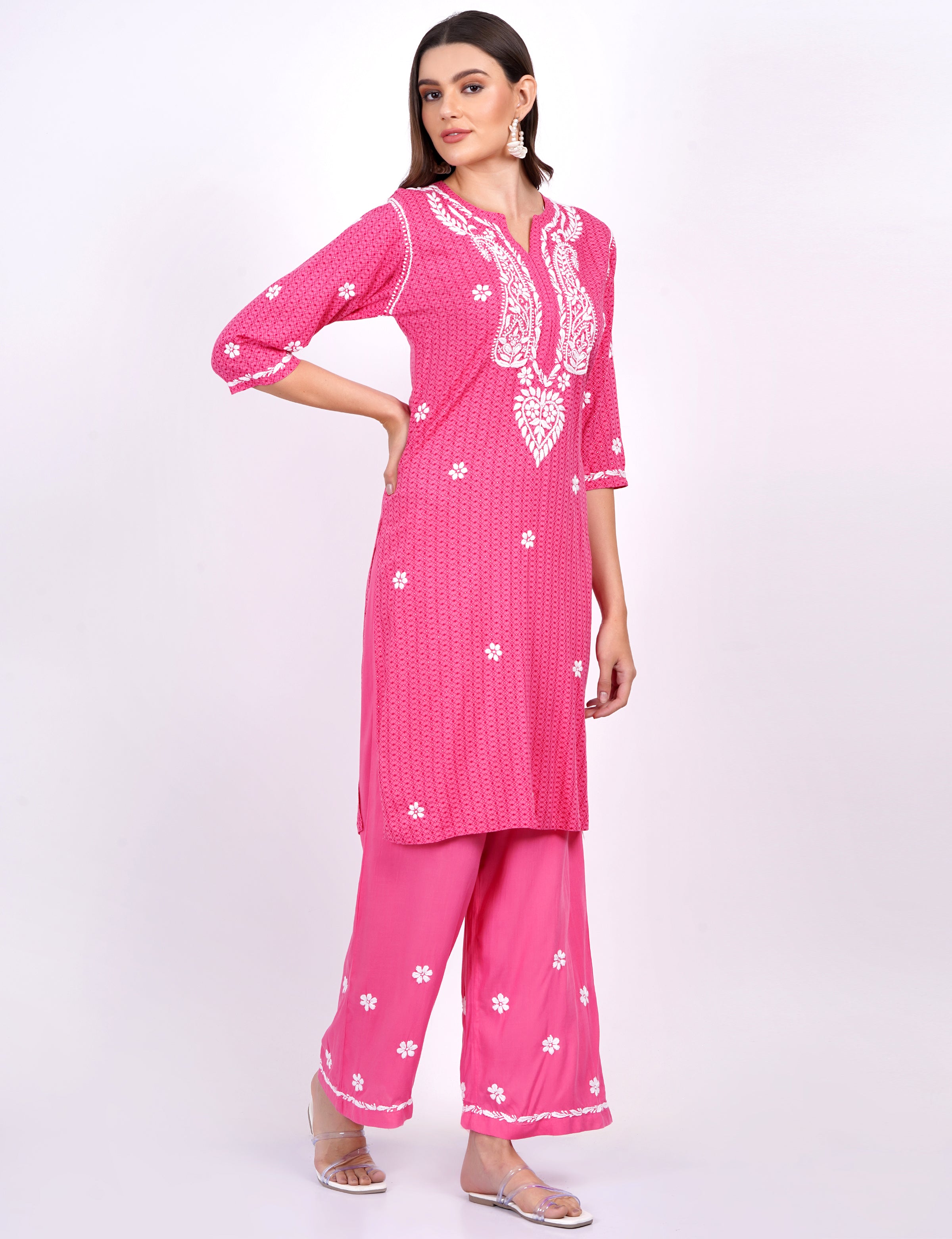 Pink Rayon Suit Set chikankari Ghas Pati Work - Sufiza Lifestyle