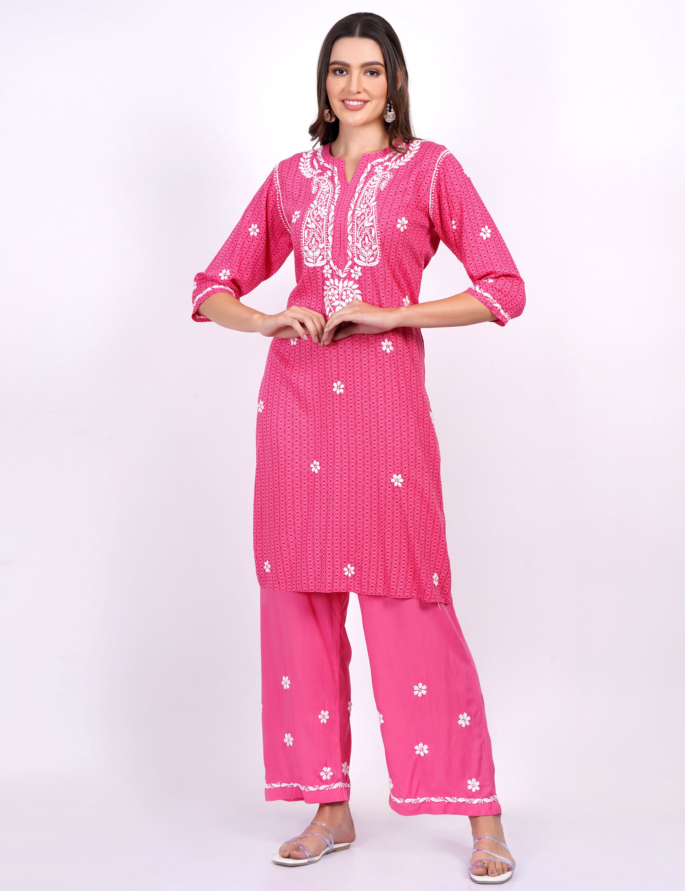 Pink Rayon Suit Set chikankari Ghas Pati Work - Sufiza Lifestyle
