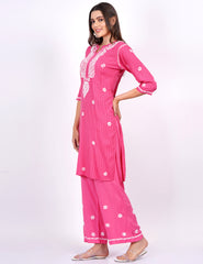Pink Rayon Suit Set chikankari Ghas Pati Work - Sufiza Lifestyle