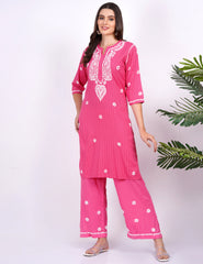 Pink Rayon Suit Set chikankari Ghas Pati Work - Sufiza Lifestyle