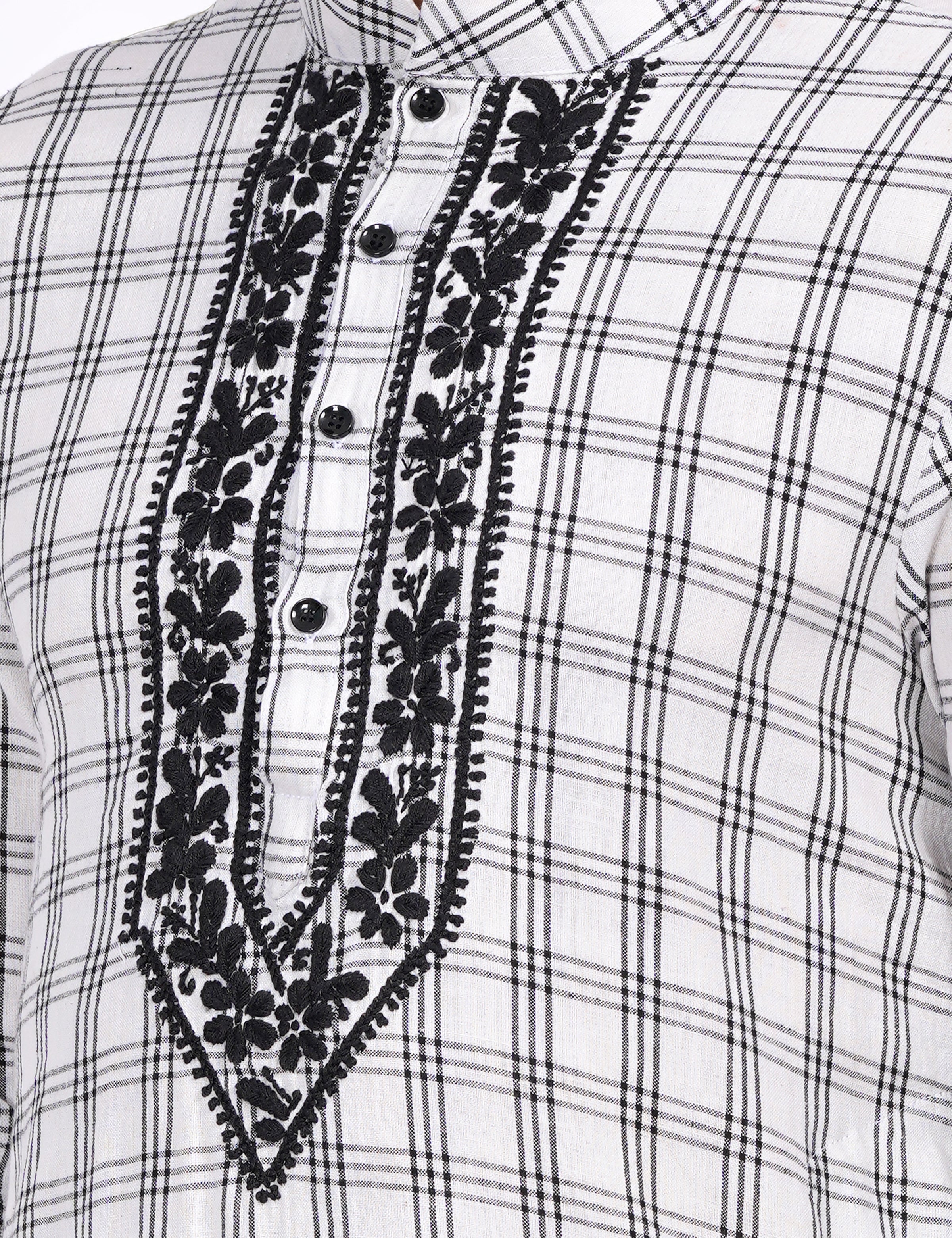 White Black Check Khadi Chikankari Kurta - Sufiza Lifestyle
