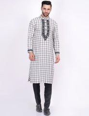 White Black Check Khadi Chikankari Kurta - Sufiza Lifestyle