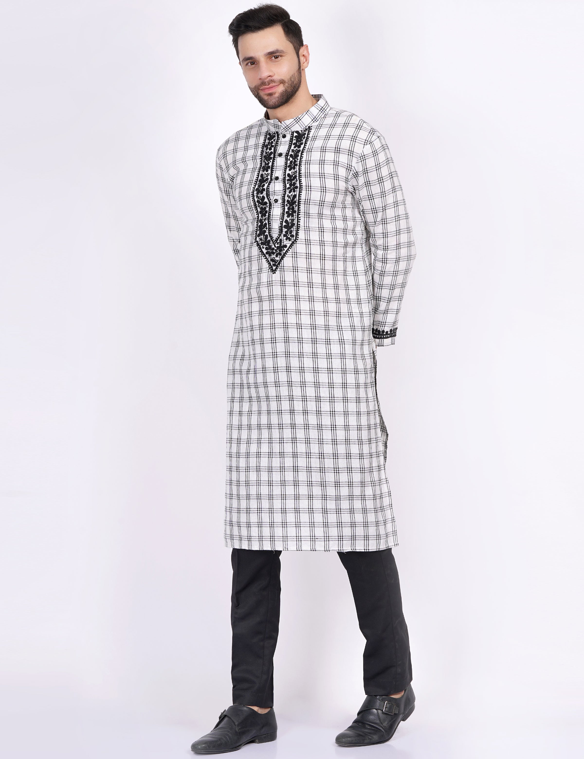 White Black Check Khadi Chikankari Kurta - Sufiza Lifestyle