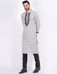 White Black Check Khadi Chikankari Kurta - Sufiza Lifestyle