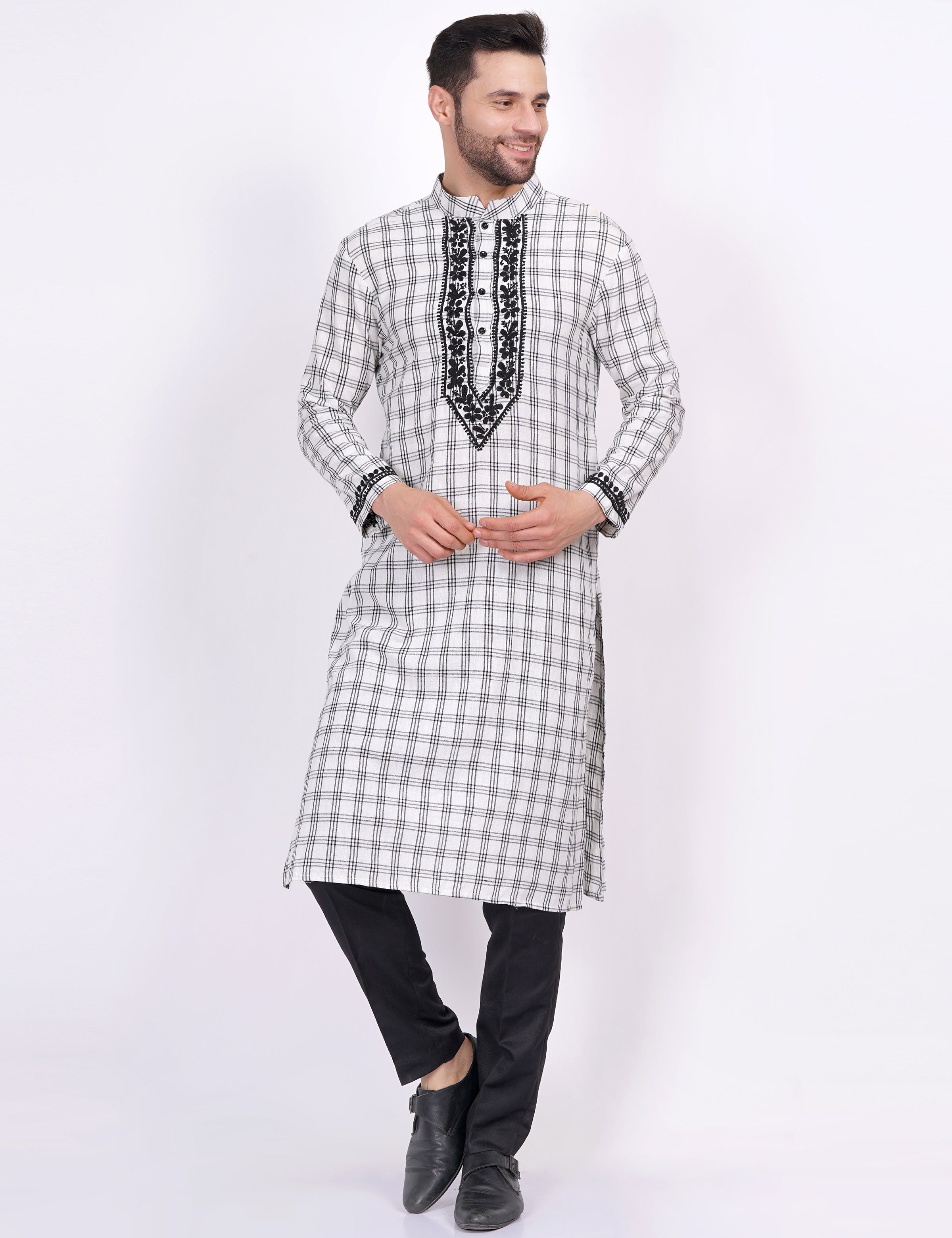 White Black Check Khadi Chikankari Kurta - Sufiza Lifestyle