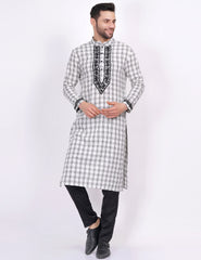 White Black Check Khadi Chikankari Kurta - Sufiza Lifestyle