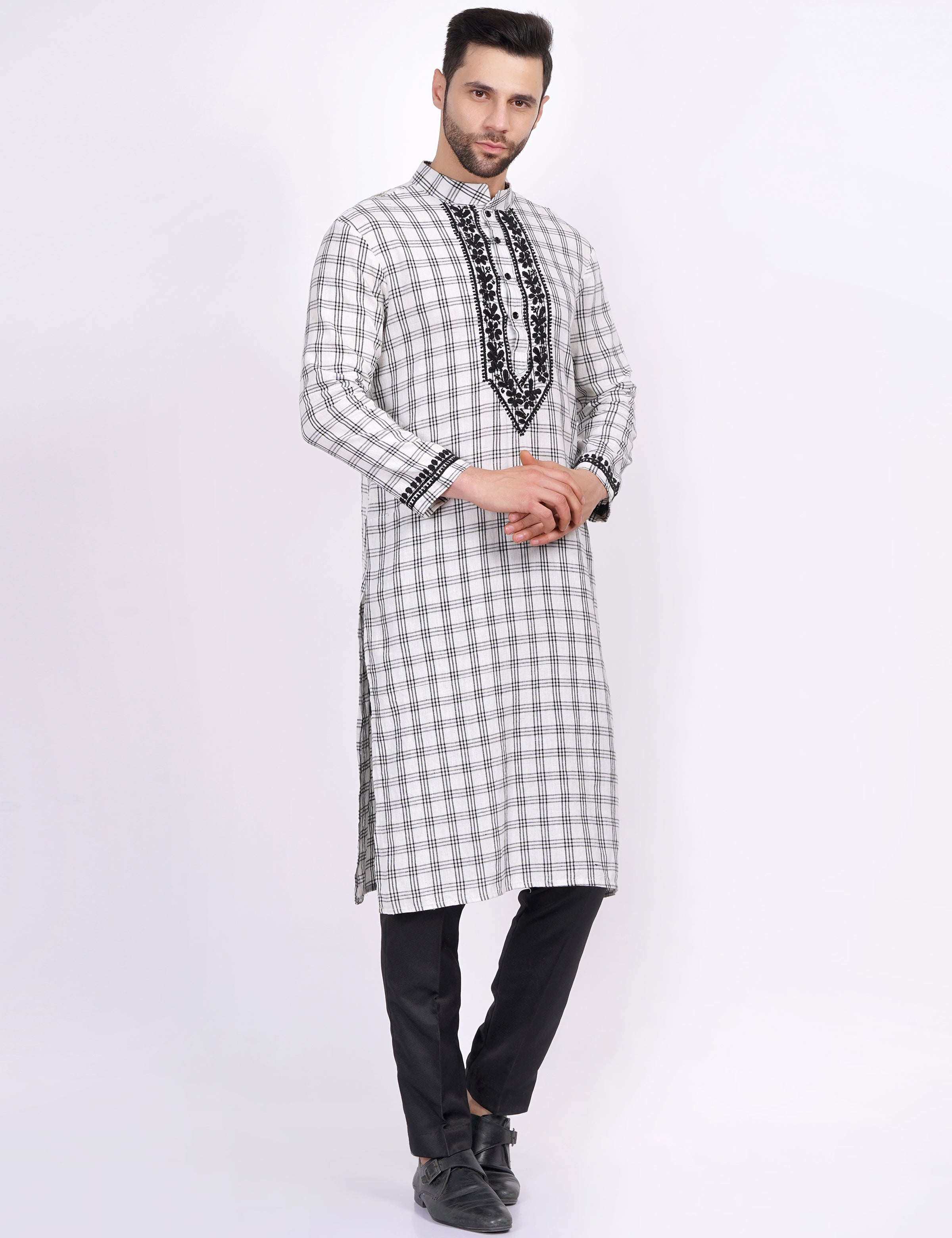 White Black Check Khadi Chikankari Kurta - Sufiza Lifestyle