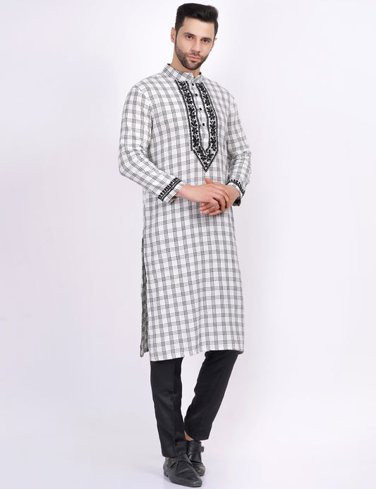White Black Check Khadi Chikankari Kurta - Sufiza Lifestyle