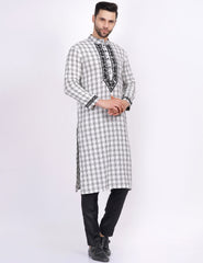 White Black Check Khadi Chikankari Kurta - Sufiza Lifestyle