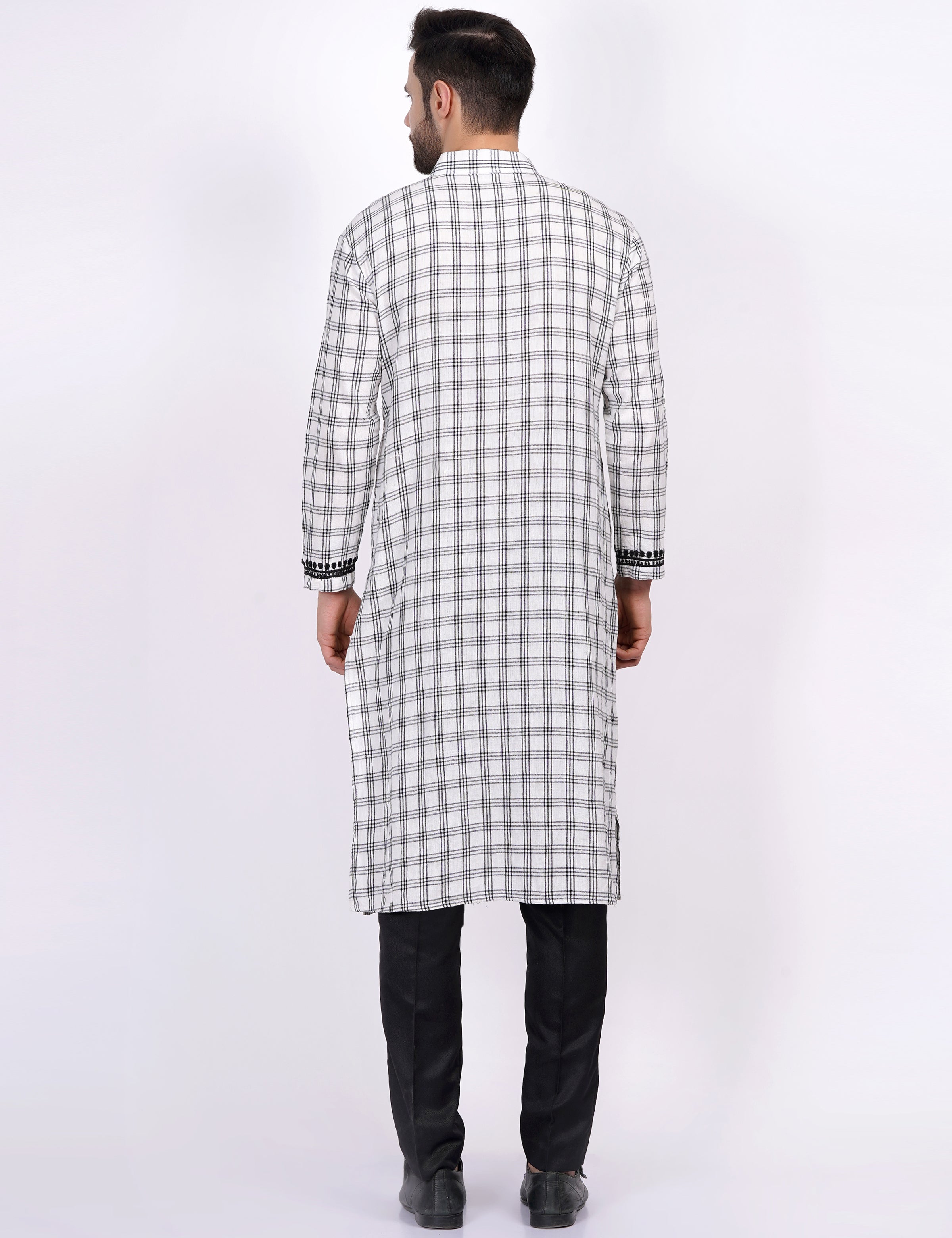 White Black Check Khadi Chikankari Kurta - Sufiza Lifestyle