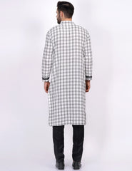 White Black Check Khadi Chikankari Kurta - Sufiza Lifestyle