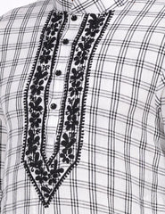 White Black Check Khadi Chikankari Kurta - Sufiza Lifestyle